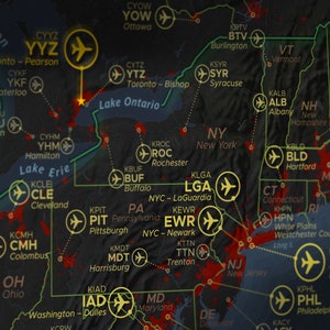 May include: A map of the eastern United States showing major cities and airports. The map highlights airports such as JFK, LGA, EWR, and BOS. The map is overlaid with a red and black pattern.