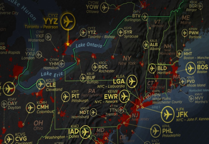 May include: A map of the eastern United States showing major cities and airports. The map highlights airports such as JFK, LGA, EWR, and BOS. The map is overlaid with a red and black pattern.