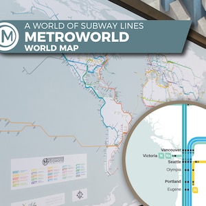 Carte du monde Métro, mappemonde artistique où les villes sont reliées par les lignes de métro.