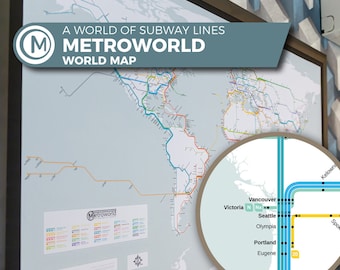 Metro World Map, Subway Line City Connections, Artistic Print
