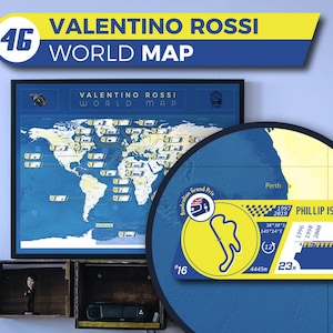 Carte du monde Valentino Rossi, une carte unique avec tous les circuits courus par Valentino Rossi au cours de sa carrière (1996-2021)