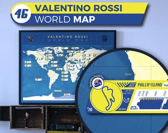 Valentino Rossi World Map, a unique map with all circuits raced by Valentino Rossi during his career (1996-2021)