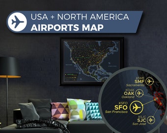 US Airport Map, a unique and customised map with all major airports in the USA and North America