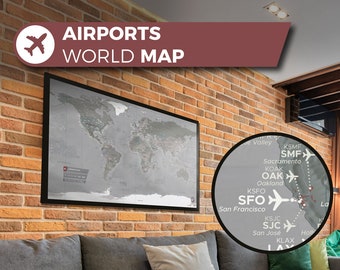 Airport World Map, eine einzigartige und maßgeschneiderte Karte mit mehr als 700 Hauptflughäfen der Welt.