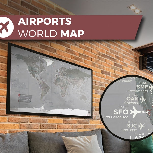 Mappemonde des Aéroports, une magnifique carte du monde, unique représentant les principaux aéroports du monde.