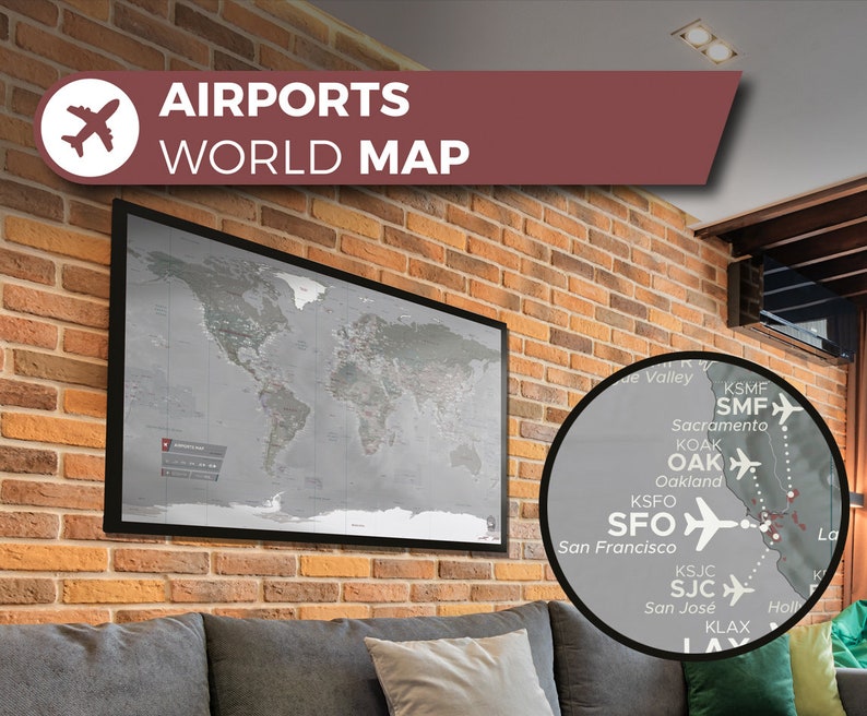 Airport World Map, a unique and customised map with 700 major airports in the World. image 1