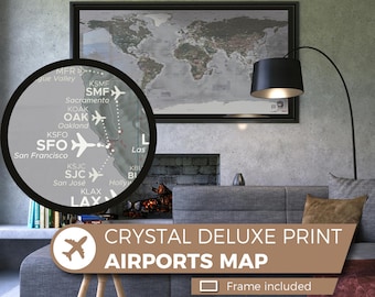 Framed Deluxe Airport World Map printed on crystal acrylic glass