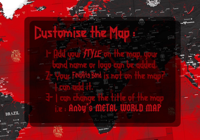 Metal Music World Map, a decorative map with Metal music aesthetic, bands and theme. image 7