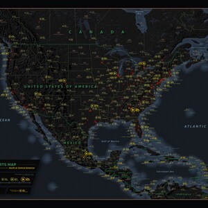 May include: A dark blue map of North and Central America with yellow and red dots marking the location of airports. The map includes the text "Airports Map" and "North & Central America".