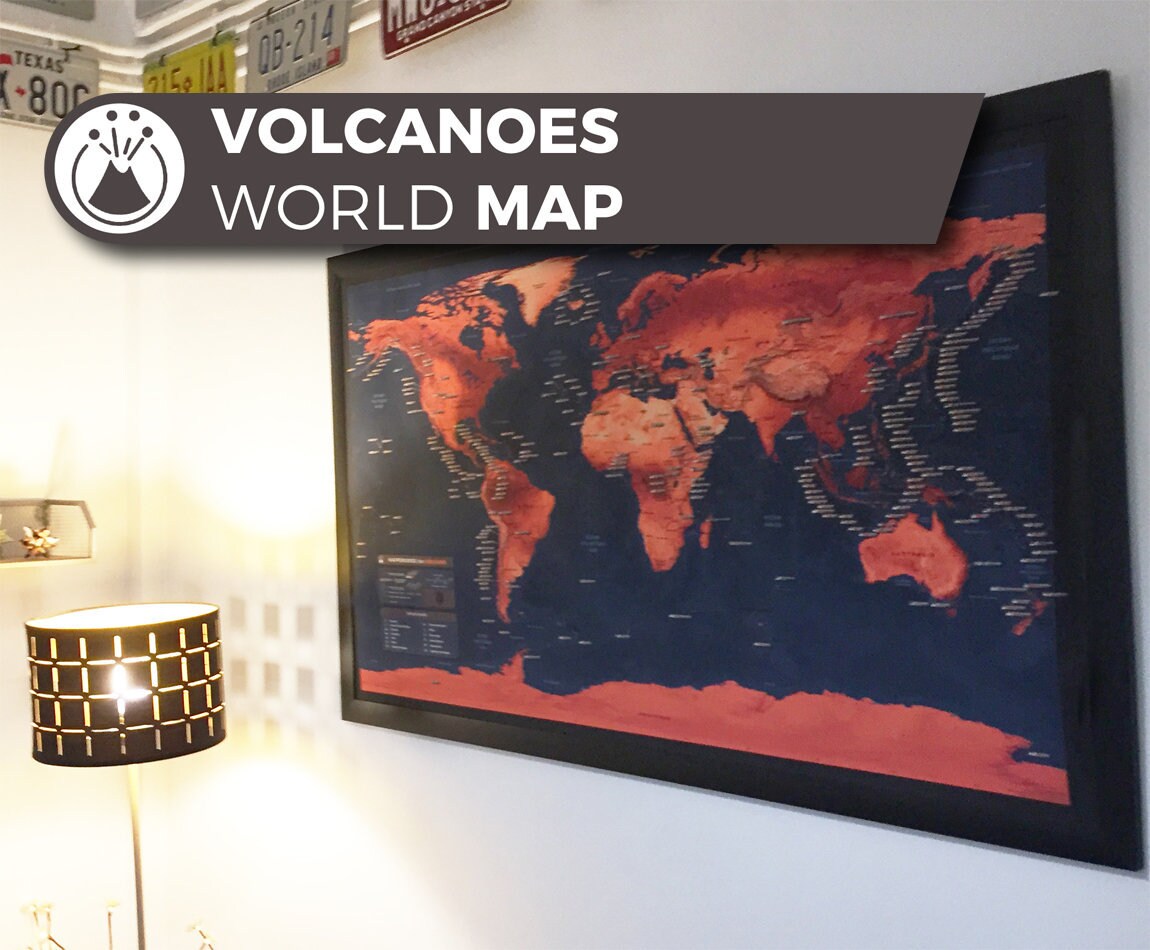 Mappemonde Des Volcans, Une Magnifique Carte Du Monde, Unique Représentant Les Principaux Volcans Mo