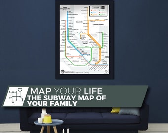 Personalized Subway Map Family Tree, Custom Metrolife Art