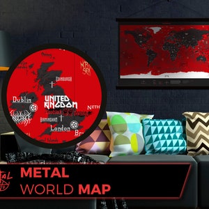 Mapa mundial de la música Metal, un mapa decorativo con estética, bandas y temática de la música Metal.