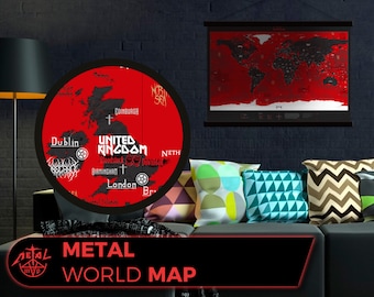 Metal Music World Map, a decorative map with Metal music aesthetic, bands and theme.