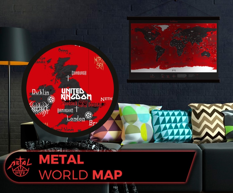 Metal Music World Map, a decorative map with Metal music aesthetic, bands and theme. image 1