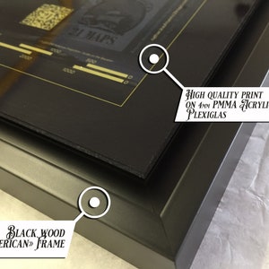 May include: A black wood frame with a black and gold print behind it. The print is on 4mm PMMA acrylic glass. The text on the print reads "21 MAPS".