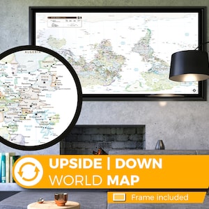Mappemonde Deluxe inversée, imprimé sur cristal PMMA et encadrée en caisse américaine.