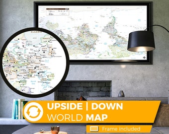 Deluxe Upside Down World Map printed on crystal acrylic glass and framed.