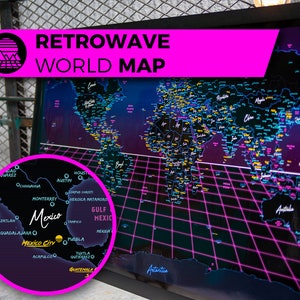 Carte du Monde Synthwave, Retrowave, Outrun, inspirée de l'univers des années 80