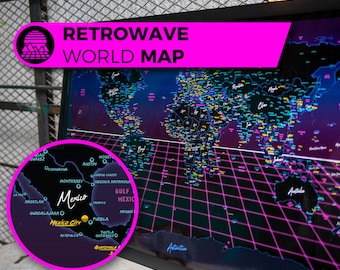 High Quality Retrowave Map, Synthwave World Map in the fashion of the eighties.