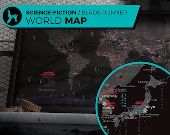 Blade Runner Inspired World Map Art, Cyberpunk Sci-Fi Decor