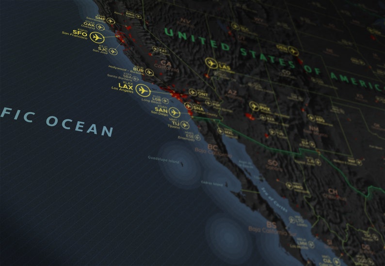 May include: A map of the United States showing major cities and airports. The map is dark grey with green state borders and red dots indicating cities. The Pacific Ocean is shown in blue. The text "UNITED STATES OF AMERICA" is visible in green.