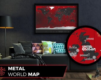 Metal Music World Map, a decorative map with Metal music aesthetic, bands and theme.