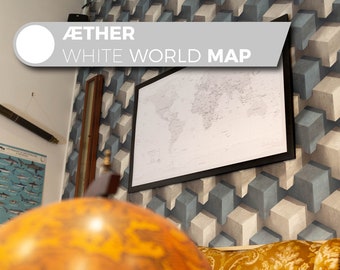 Æther White Map, Customizable All White artistic world map, Customizable map, Decoration
