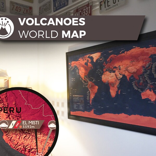 Mappemonde des Volcans, une magnifique carte du monde, unique représentant les principaux volcans du monde.