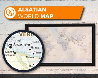 Mappemonde en alsacien, Carte du Monde en dialecte alsacien | Waltkàrt ùff Elsassisch | Elsass