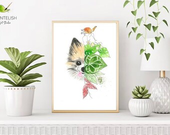 Spersonalizowany ręcznie malowany akwarelowy portret psa z elementami botanicznymi - 1 pies