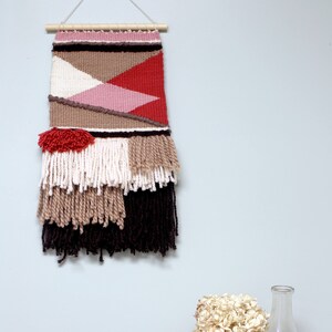 Handwoven / Triple Dip Cone / Wall Hanging / pink coral browns cream