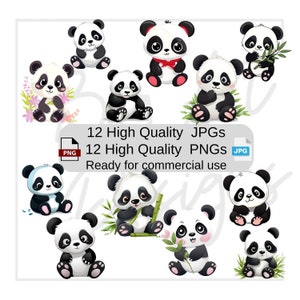 Pandas PNG, pacchetto di sublimazione animale JPG, artigianato Download digitale uso commerciale. 12 simpatici panda clipart png e jpg