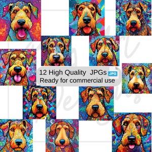 Airedale Terrier JPGs Kleurrijke Pop Art Digitale Download Commercieel Gebruik. Airedale Terriers vierkant portret Sublimatie ontwerp 12 hond Clipart