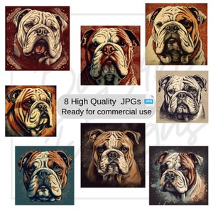 8 Pop Art Bulldog JPGs Digital Download Commercial Use dog Clipart English Bulldog square portrait Sublimation design, Crafts