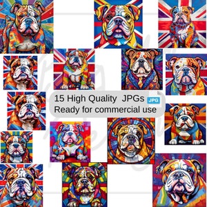 British Bulldog JPGs Digital Download Commercial Use dog Clipart, 15 Pop Art colorful English Bulldog square portrait Sublimation design.