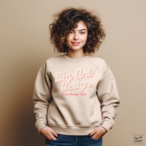 Sand Sweatshirt Mockup, Front of Sweatshirt Gildan 18000 Mockups female Model Mockup