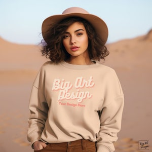 Sand Sweatshirt Mockup, Front of Sweatshirt Gildan 18000 Mockups female Model Mockup