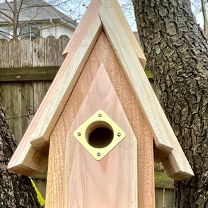 May include: A wooden birdhouse with a gabled roof and a diamond-shaped opening. The birdhouse is made of light-colored wood with a natural finish. The opening is framed with a gold-colored metal plate. The birdhouse is mounted on a tree.