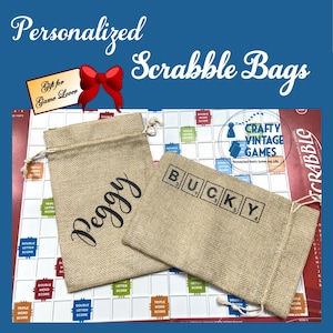 Scrabble tile bag, monogramed velvet bag, drawstring burlap bag with name, family Christmas gift for her, stocking stuffer for Scrabble fan