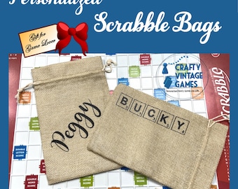 Scrabble tile bag, monogramed velvet bag, drawstring burlap bag with name, family Christmas gift for her, stocking stuffer for Scrabble fan