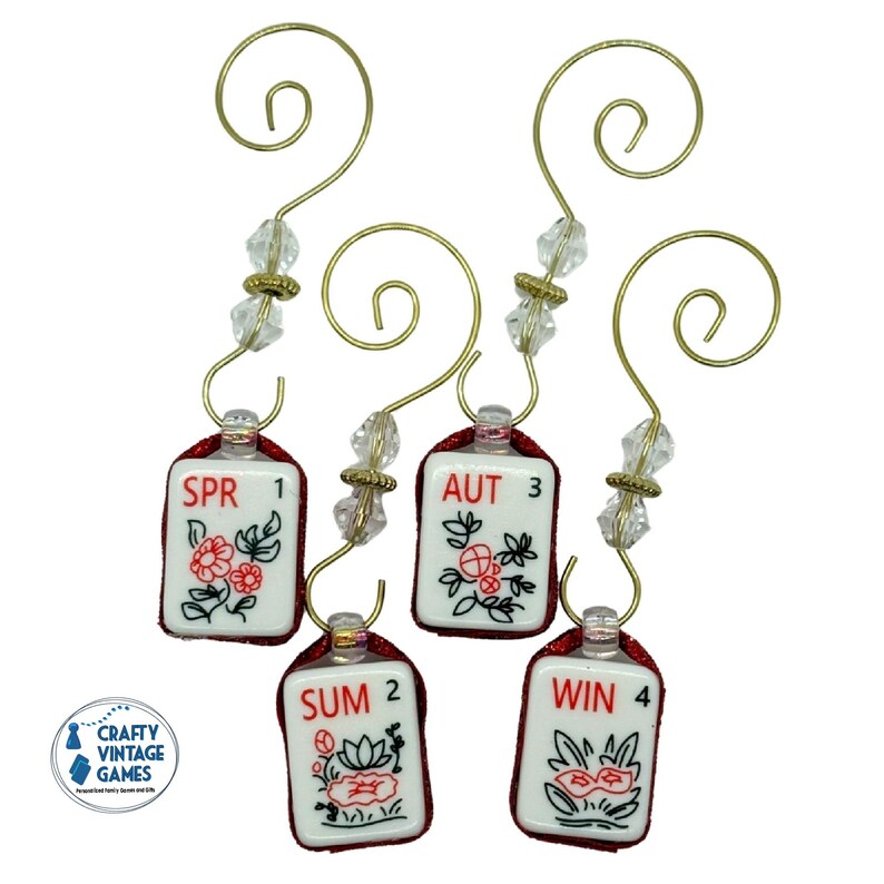 Mahjong Christmas ornaments, set of 4, flowers and NEWS, decorative hangars, Christmas gift for Mah jong lover, club ornament exchange gift image 2