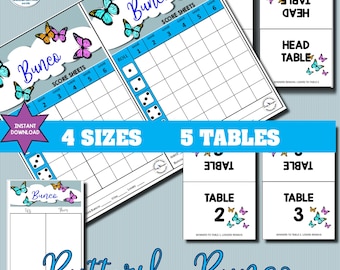 Fogli segnapunti a tema primaverile Butterfly Bunco, download digitale, kit per feste Bunco, fogli di conteggio dei tavoli, numeri dei tavoli, kit per feste con dadi Bunco