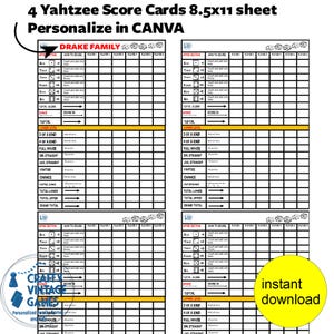 CanvaでYahtzeeスコアシートをカスタマイズ、Yahtzeeシート4枚、印刷可能なファイルをすぐにダウンロード、企業ギフト、家族の再会アクティビティ