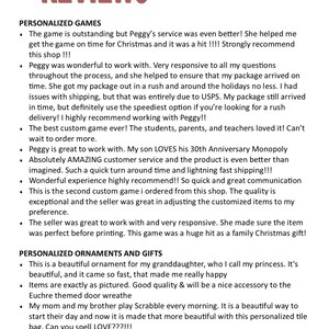 May include: A document titled REVIEWS with five gold stars, featuring customer testimonials for personalized games and ornaments. The text includes feedback about custom board games, Christmas gifts, and personalized items like tile bags and ornaments.