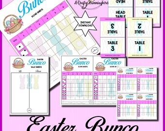 Feuilles de pointage sur le thème du printemps de Pâques Bunco, téléchargement numérique, kit de fête bunco, feuilles de pointage de table, numéros de table, kit de fête de dés Bunco