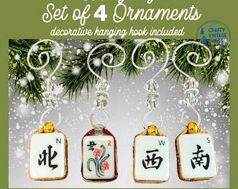 Mahjong Christmas ornament set of 4, holiday mahjong décor, women Xmas gifts for her, mahjong party game favors, stocking stuffer for mom