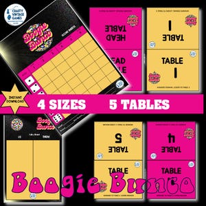 May include: A collection of Boogie Bunco game materials. The image features score sheets, table cards, and tally sheets in pink, yellow, and black. The game includes 4 sizes and 5 tables. The game's logo is prominently displayed.