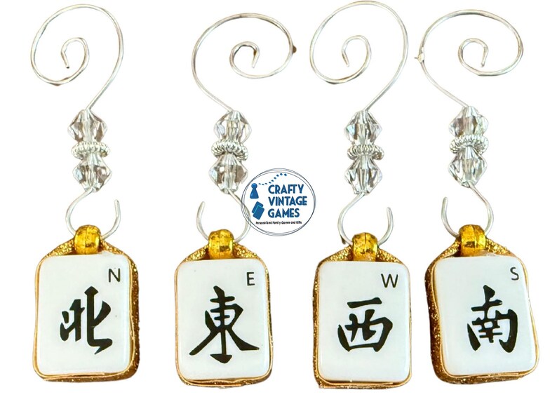 Mahjong Christmas ornaments, set of 4, flowers and NEWS, decorative hangars, Christmas gift for Mah jong lover, club ornament exchange gift image 3