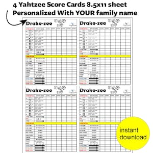 Personalized Yahtzee score sheet, 4 Yahtzee sheets, instant download printable file, corporate gift, family reunion activity, party game