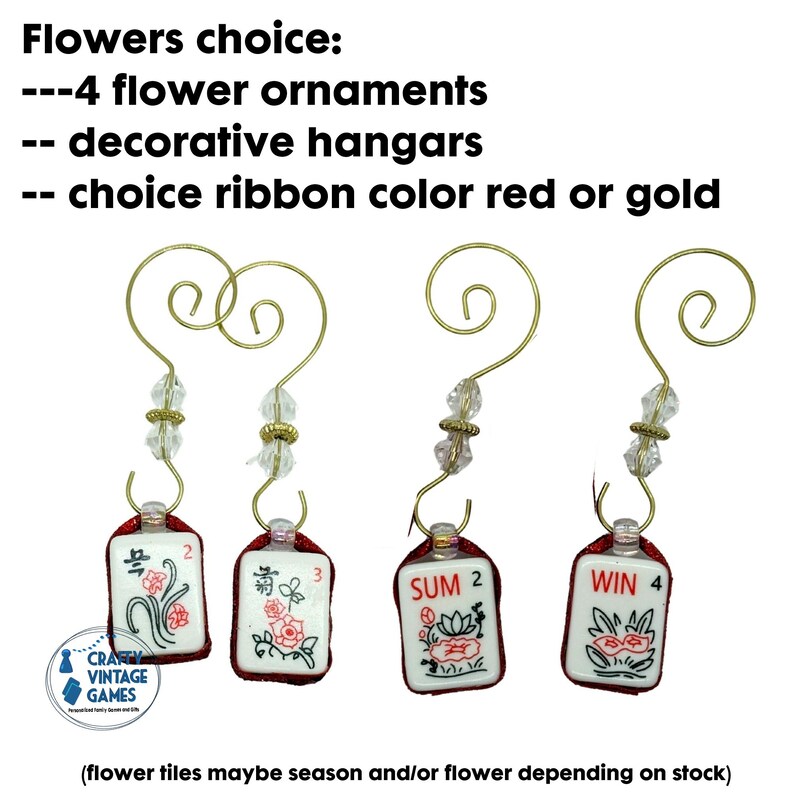 Mahjong Christmas ornaments, set of 4, flowers and NEWS, decorative hangars, Christmas gift for Mah jong lover, club ornament exchange gift Flowers set